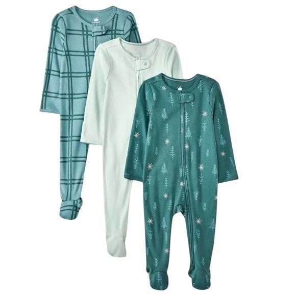 NWT ~ 3 Cloud Island Green Trees Plaid Sleep Play Sleepers ~ Baby Infant 0-3M - Picture 1 of 1